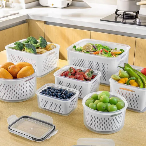 Miniatura 5 de Freshmage Contenedores de almacenamiento de frutas para refrigerador con colador extraíble, recipiente hermético para almacenamiento de alimentos