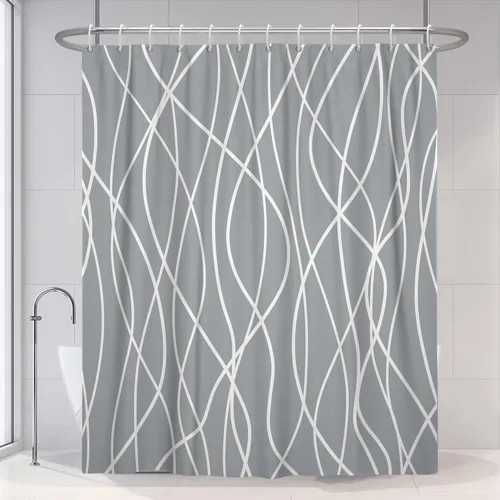 Miniatura 14 de Cortina de ducha pequeña a rayas gris claro degradado para baño, 36 x 72 pulgadas, juego de cortina de ducha geométrica para cabina de RV