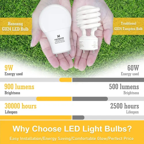 Miniatura 6 de Bombilla LED GU24 hansang, bombilla de forma A19, 9W (equivalente a 100W), 900 lúmenes, 2700K blanco cálido, base de bloqueo de torsión Gu24, Blanco