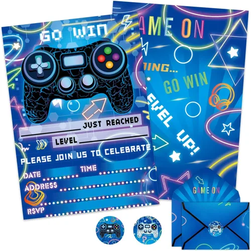 WERNNSAI Invitación para Fiesta de Videojuego - Juego de 24 Tarjetas de Cumpleaños de Juego Azules para Llenar con Sobres y Adhesivo para Niños y