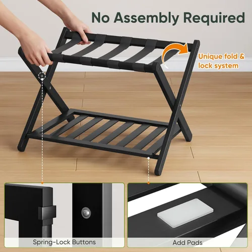 Miniatura 4 de Smart FENDEE Portaequipajes negro totalmente montado, soporte para maleta con estante para zapatos, soporte de equipaje plegable de madera