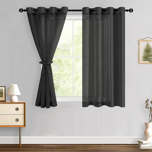 Miniatura 23 de Hiasan - Cortinas traslúcidas de gasa cortas semitransparentes con ojales y alzapaños filtrantes de luz para ventana, dormitorio, baño, 2 paneles