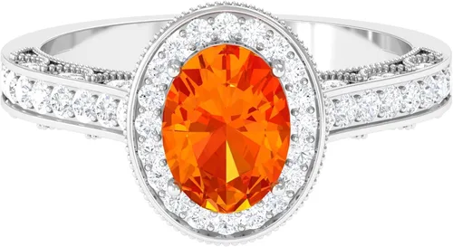 Anillo de halo ovalado de zafiro naranja creado en laboratorio vintage con moissanita, anillo de zafiro naranja en oro milgrain (piedra preciosa de