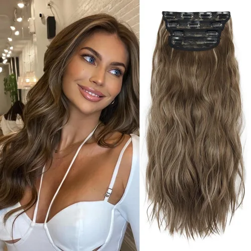 4 extensiones de cabello sintético suave y natural para mujer, rubio miel, mezcla de castaño castaño, extensiones para mujer (rubio miel mezclado