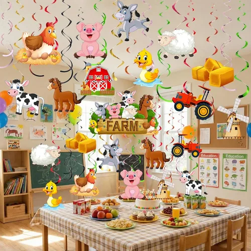 Miniatura 7 de 30 piezas de decoración colgante de animales de granja, suministros de fiesta temática de granjero, remolinos colgantes de serpentinas, decoración