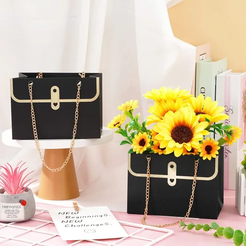 Miniatura 3 de Whaline 6 bolsas de papel de flores con cadena de metal, ramo de almacenamiento, bolsa de floristería, bolsa de mano, cesta de envoltura de ramo