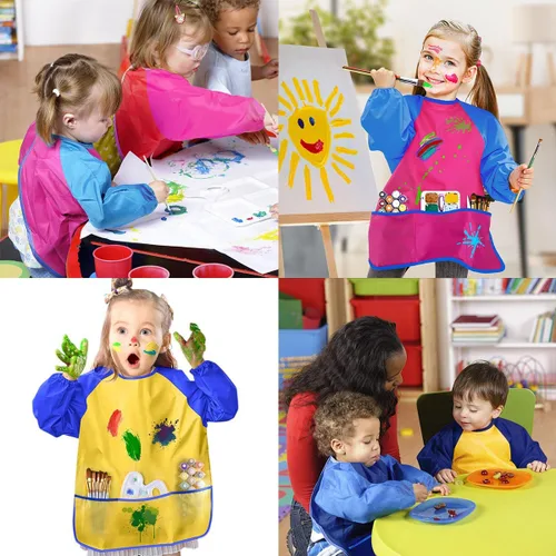 Miniatura 5 de Paquete de 2 delantales de arte impermeables, delantal de pintura de artista con 3 bolsillos para cocina, suministros de fiesta, manga larga