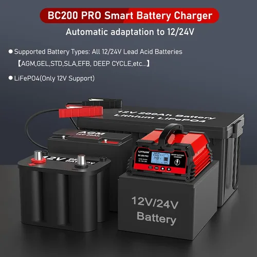 Miniatura 3 de LVYUAN Cargador de batería de 20 A, 12 V/24 V, cargador de batería inteligente para automóvil con cargador de goteo, cargador LiFePO4 de 12 V