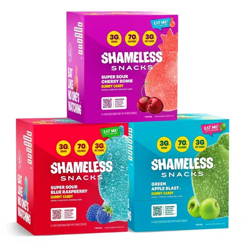Miniatura 16 de Shameless Snacks – Snacks saludables bajos en calorías, gomitas keto bajas en carbohidratos (caramelos sin gluten) – Paquete de 6 Green Apple Blast
