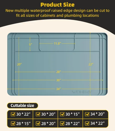 Miniatura 4 de Wohbay Alfombrillas impermeables para debajo del fregadero, 34 x 22 pulgadas o de corte más pequeño para adaptarse a la bandeja de goteo debajo