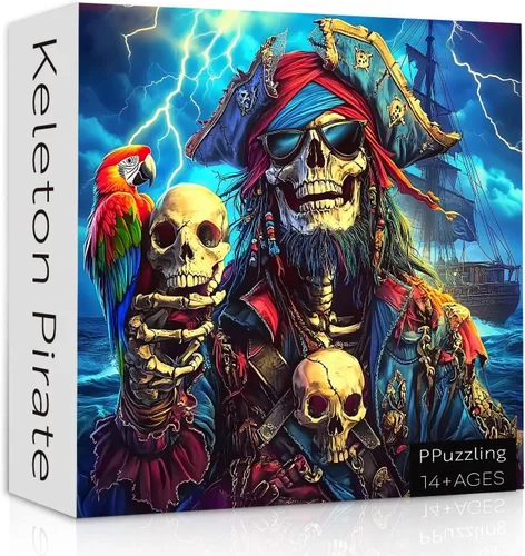 Rompecabezas de esqueleto pirata para adultos, 1000 piezas, capitán pirata de terror con cráneo loro, escena de tormenta oceánica, rompecabezas de