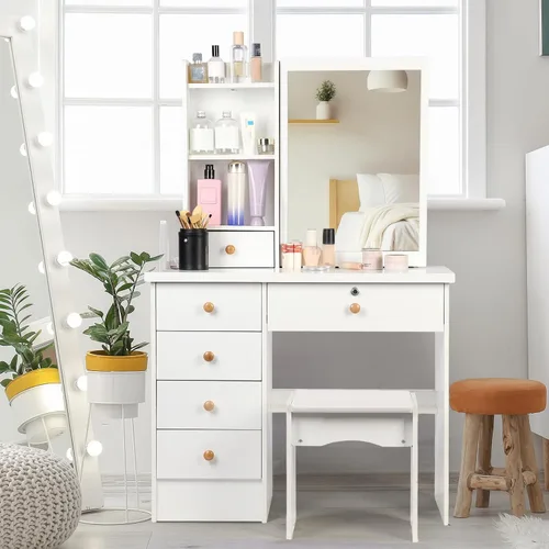 Miniatura 2 de Escritorio de tocador con espejo, tocador de maquillaje con silla, tocador, escritorio blanco con 6 cajones y estantes de almacenamiento, Tocadores