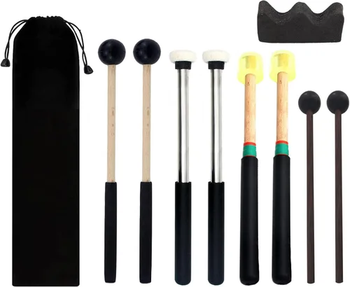 Jiayouy 4 pares de mazos de tambor de lengua de acero con soporte y bolsa de almacenamiento, 3 pares de palos de percusión de cabeza de goma, 1 par