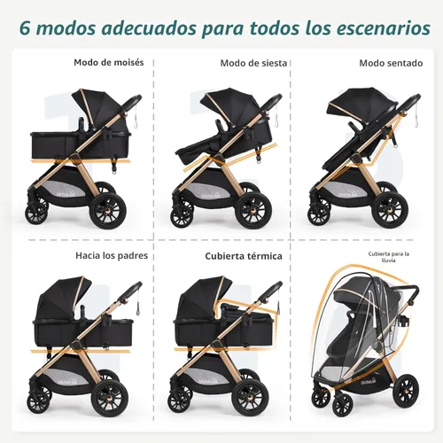 Miniatura 2 de Cochecito de bebé convertible 6 en 1 con moisés con silla de paseo - Silla de recién nacido plegable con saco, cubierta para lluvia, soporte