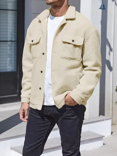 Miniatura 3 de Runcati Chaqueta de forro polar Sherpa para hombre, casual, con botones, para otoño e invierno, suave, con bolsillo