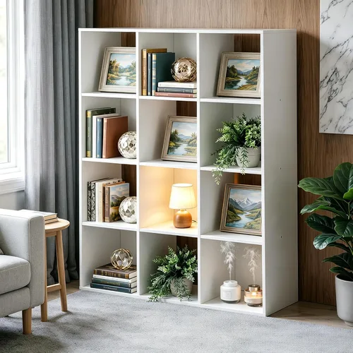 Miniatura 4 de SUPER DEAL Estantería Abierta de 12 Compartimentos, Gabinete de Almacenamiento de 47 Pulgadas de Ancho, Estanterías Cúbicas de Madera para Libros