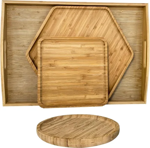 Miniatura 11 de Bandejas de bambú con tablas de cortar 16.5"x11.8" (42x30cm con asa, el set incluye platos de 0.63" (1.6cm) de grosor 1xHexágono 12.5" (32cm) +