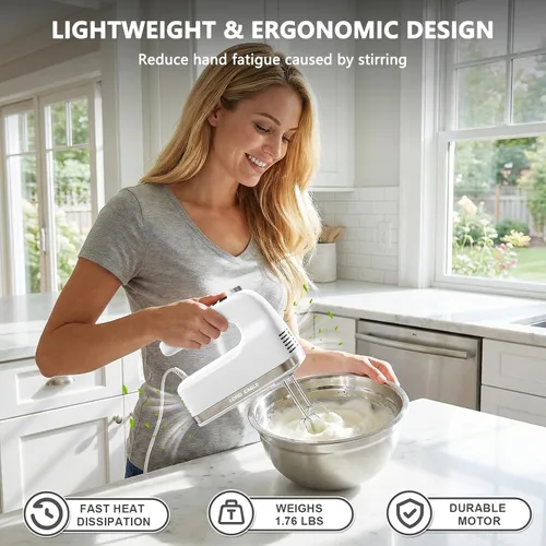 Miniatura 6 de Lord Eagle Batidora de mano digital de 9 velocidades, mezclador de cocina con motor de CC de 500 W para hornear pasteles, batidores de huevos Blanco