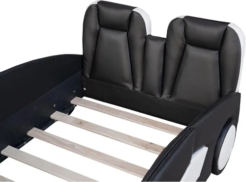 Miniatura 6 de SOFTSEA Cama de auto de carreras de tamaño individual, marco de cama con ruedas en forma de automóvil, marco de cama con barandilla y cabecera