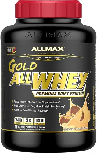 ALLMAX Gold ALLWHEY - Proteína en polvo de suero de leche, mantequilla de maní de chocolate, 5 libras, 0.91 onzas de proteína por cucharada, alta