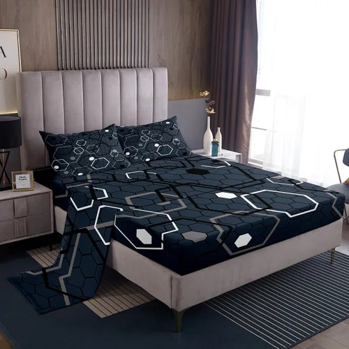 Manfei Juego de sábanas hexagonales tamaño individual, juego de ropa de cama de panal azul marino para decoración de habitación de niños y