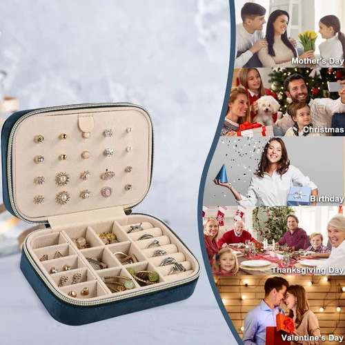 Miniatura 6 de Dajasan Estuche de viaje de joyería de terciopelo caja de joyería de viaje pequeña caja organizadora de joyas portátil para aretes pulseras anillos
