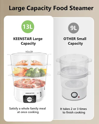 Miniatura 2 de Vaporizador eléctrico de alimentos para cocinar, vaporizador de verduras de 13.7 cuartos de galón con cestas de 3 niveles sin BPA, cocción