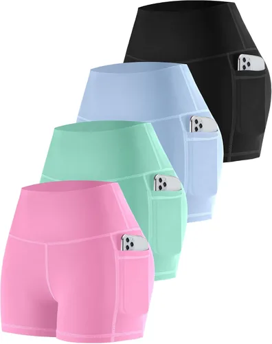 Miniatura 56 de CHRLEISURE - Pantalones cortos de ciclismo para mujer con bolsillos de licra, cintura alta, con control de abdomen para entrenamiento, yoga