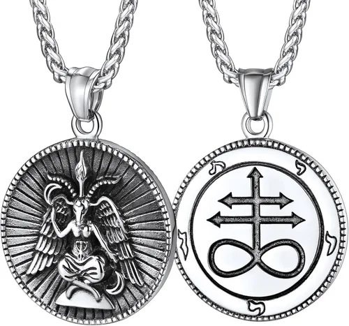 FaithHeart Collar de cabeza de toro punk de acero inoxidable para hombres y mujeres colgante de cruz invertida de Satanás con delicado embalaje de