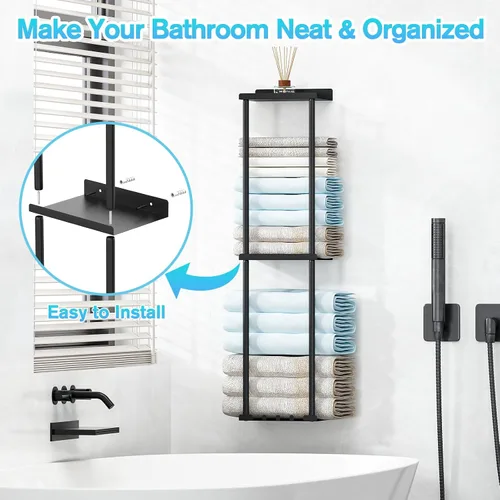 Miniatura 4 de Liuoud Toallero para Baño, Organizador Portador de Almacenamiento de Toallas Enrolladas Vertical Montado en la Pared con Estante, Sostiene Hasta 6