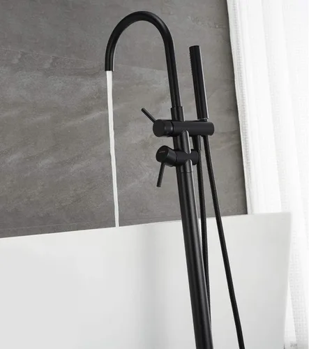 Miniatura 7 de Grifo de Bañera Independiente Relleno de Tina Montaje en Piso de Latón Grifo de Baño Negro con Ducha de Mano