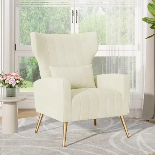 Miniatura 7 de Nalupatio Sillas decorativas de terciopelo, moderno sillón con respaldo alto con almohada lumbar, sillón tapizado de respaldo alto con patas de Beige