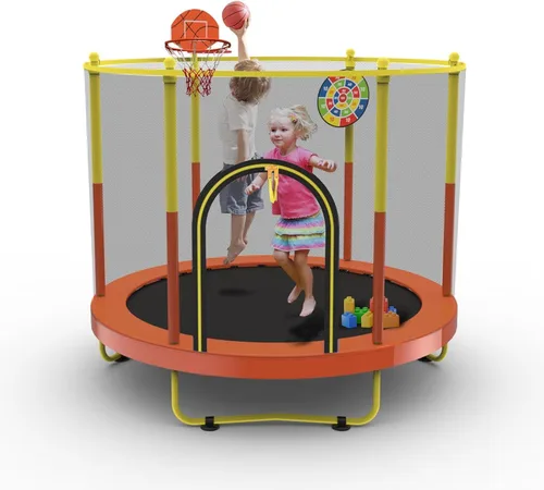 Miniatura 7 de Trampolín de 72 pulgadas para niños con red, trampolín pequeño de 6 pies para interiores y exteriores con aro de baloncesto y tablero de dardos