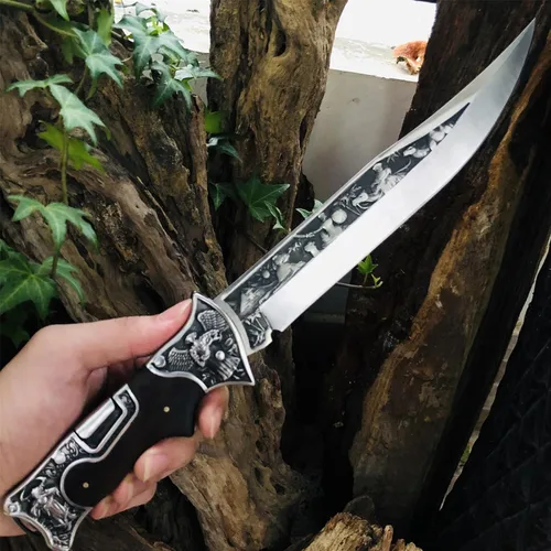 Miniatura 5 de MADSABRE Cuchillo de cabaña semi plegable grande de 12.7 pulgadas con hoja de 7.9 pulgadas de largo, mango de madera con patrón de relieve 3D
