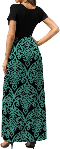 Miniatura 3 de DB MOON - Vestido largo de manga corta para mujer, vestido informal de cintura imperio, con bolsillos