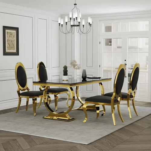 Miniatura 5 de Asday Mesa de comedor negra y dorada, mesa de comedor de lujo de 70 pulgadas con base en U de metal de acero inoxidable dorado para 4-8