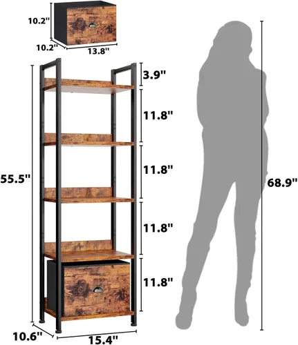Miniatura 3 de Furologee - Estantería de 5 niveles con cajón, estantería alta y estrecha con estantes, estanterías de almacenamiento de madera y metal, estante