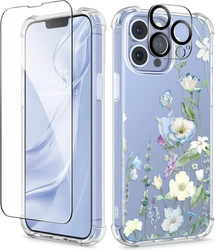 Miniatura 140 de GVIEWIN Funda diseñada para iPhone 13 de 6.1 pulgadas, con protector de pantalla de vidrio templado + protector de lente de cámara, flor