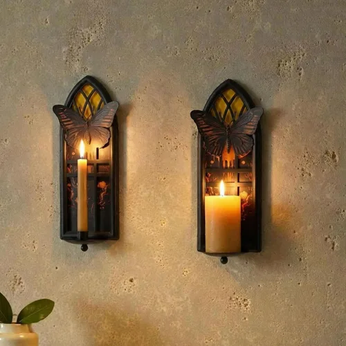 Miniatura 6 de Juego de 2 candelabros góticos de pared, de hierro con mariposa y luna, con bandejas extraíbles para velas cónicas y pilares, jardín romántico