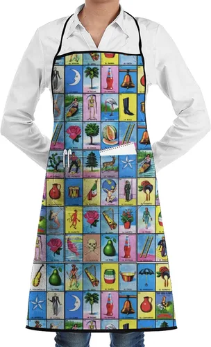 Coloridas tarjetas de lotería mexicana delantal con bolsillo, divertidos delantales de cocina para mujeres, delantales de cocina para dibujo de