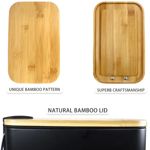 Miniatura 5 de SIDIANBAN Basurero de baño con tapa de bambú, cierre suave y pedal de pie, pequeño cubo de basura rectangular delgado con papelera