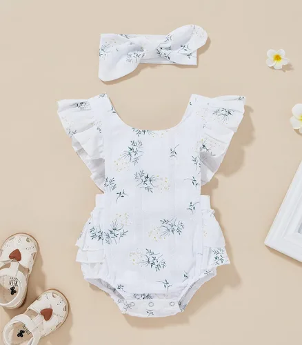 Miniatura 2 de Mameluco con volantes y diadema con estampado de margaritas para bebé, diseño floral, ropa de verano