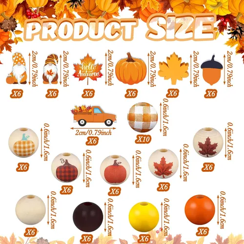 Miniatura 2 de Huwena 200 cuentas de madera de Acción de Gracias, calabaza, hoja de arce, espaciador redondo colorido suelto para Acción de Gracias, cuentas