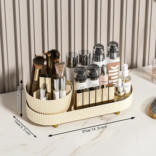 Miniatura 2 de Organizador de maquillaje giratorio para tocador con soporte para pinceles, almacenamiento de maquillaje cosmético, vitrinas de lociones