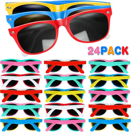 GINMIC Gafas de sol para niños a granel, paquete de 24 lentes de sol de neón de San Valentín para niños, niños y niñas, gran regalo para suministros