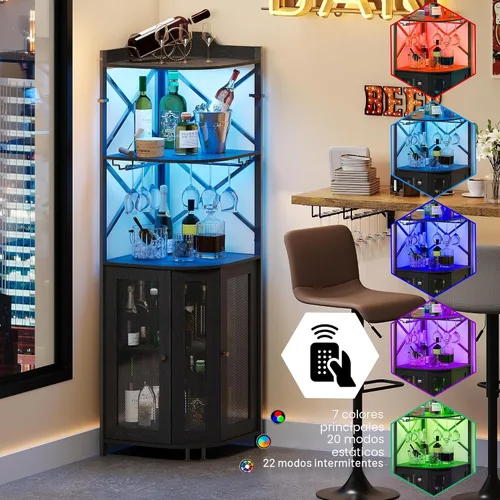Miniatura 4 de JKsmart Gabinete de Bar de Esquina con Luces LED, Gabinete de Bar de Vino Industrial de 5 Niveles con Portavasos, Gabinetes de Licor Estilo Granja
