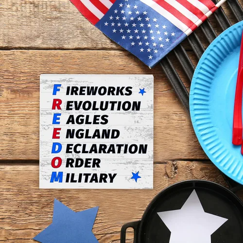Miniatura 6 de Letrero patriótico de escritorio con texto en inglés «Happy 4th of July » Fuegos artificiales, Revolución, Águilas, Inglaterra, Declaración