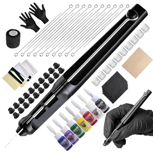 HAWINK Kit de tatuaje Kit de bolígrafo de tatuaje Poke a Stick Kit de herramientas de mano de tatuaje con 7 tintas 20 agujas PCS GK-HW803TN01-1