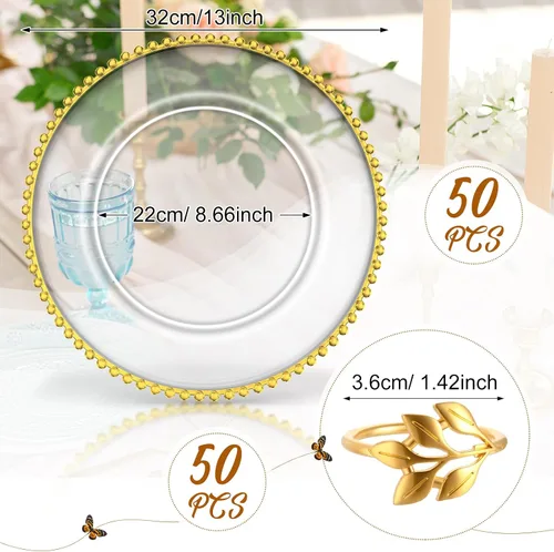 Miniatura 2 de Bokon Juego de 50 platos de carga transparentes a granel de 13 pulgadas con cuentas de plástico con servilleteros, platos decorativos redondos