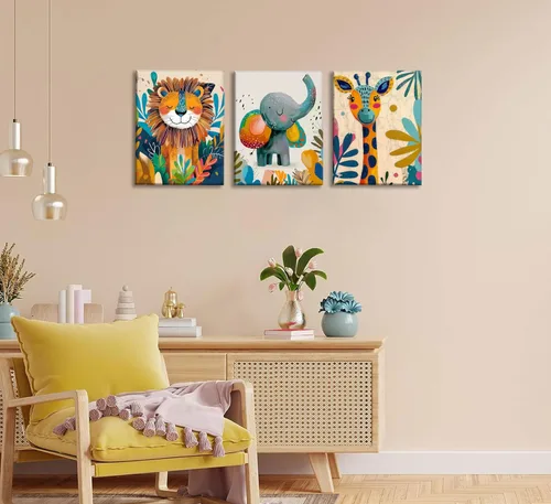 Miniatura 8 de 3 piezas de lienzo de animales de safari para guardería, arte de pared, lindo elefante acuarela, jirafa, león, decoración de pared, coloridos Póster
